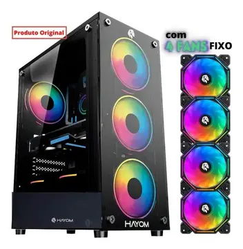 gabinete gamer hayom mid tower vidro temperado 4 fans rgb preto