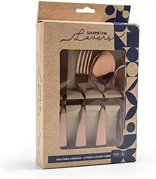 Gourmet Mix Jogo de Talheres 16 Peças Lovers Rose Gold Faqueiro Aço Inox Premium Mesa Posta Luxo