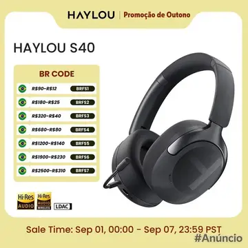 Fone de Ouvido Sem Fio HAYLOU S40 ANC com Cancelamento de Ruído de 50dB, Áudio Espacial 3D de Alta Resolução, Fone de Ouvido Bluetooth 6.0 O