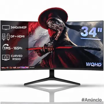 Monitor Gaming Curvo R1500 - 34 Polegadas Ultrawide Led 165hz 1ms WQHD Borda Fina Conexão Hdmi e Dp