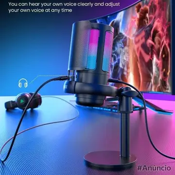 Microfone Gamer Condensador Podcast Alta Sensibilidade Rgb - Microfones e Gravadores