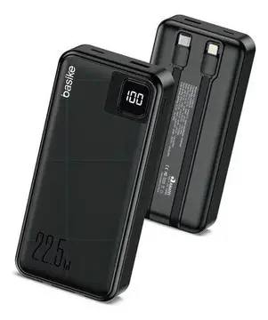 Power Bank Basike 20000mAh Preto, Carga Rápida 22.5W para iPhone e Samsung, Com Cabos Embutidos e Display