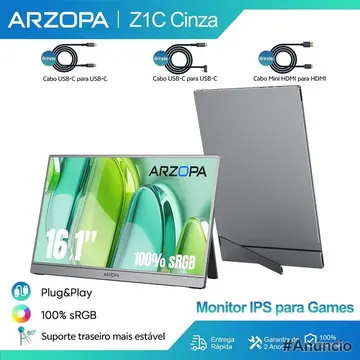 Arzopa Z1C Cinza-Monitor Portátil Com Suporte 100 % sRGB De 16.1 " , 1080P FHD Tela De Extensão De USB C HDMI Para PC