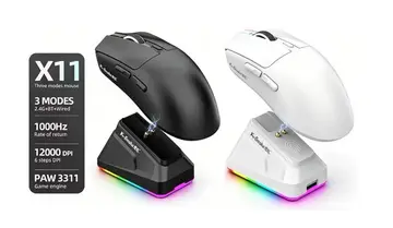 Mouse Sem Fio Kebidumei X11 PAW3311 Tri-Mode 12000 Dpi com Tela RGB, Base de Carregamento Magnética e Compatível com Bluetooth, 2.4G e Fio