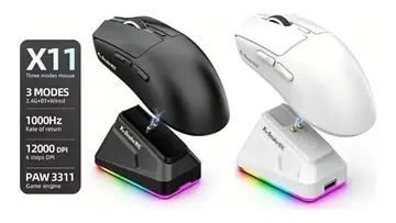 Mouse Sem Fio Kebidumei X11 Paw3311 Tri-Mode 12000 Dpi com Tela Rgb, Base de Carregamento Magnética e Compatível com Bluetooth, 2.4G e Fio