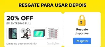 Acesse o APP pelo link, clique em "Mais" no rodapé do APP, clique em "Cupons Relâmpago e Resgate o cupom