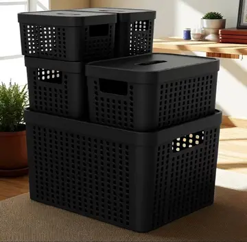 organização caixas organizadoras kit 5 com tampa cesto plástico 2l 4,5l 17l