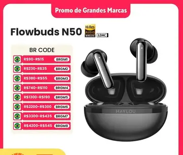 Fones de Ouvido Xiaomi Haylou FlowBuds N50 ANC, com Bluetooth 6.0 com áudio Hi-Res e LDAC, Cancelamento de Ruído Ativo até -54dB, com 6 mics