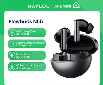 Fones HAYLOU Flowbuds N55 com ANC Adaptativo de 54dB, Bluetooth 6.0, Áudio Hi-Res LDAC, Chamadas HD com 6 Microfones, 40 Horas de Reprodução