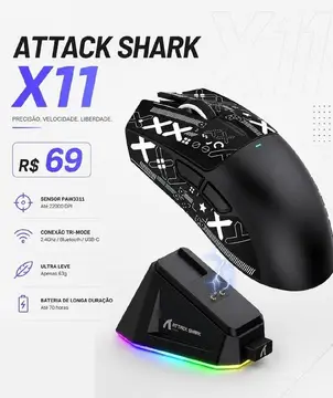 Mouse Sem Fio com Dock Attack Shark X11, Sensor Paw3311