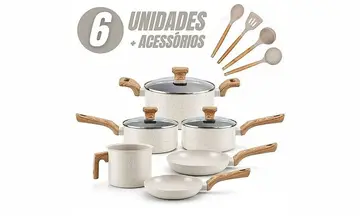 Jogo de Panelas 6 Peças Antiaderentes com Tampa de Vidro Temperada com 4 Utensílios de Cozinha