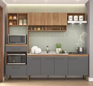 Cozinha Completa Modulada com Armário e Balcão 5 Peças 8 Portas 1 Gaveta 240cm CC120 Cor Mel/Grafite - Fellicci Móveis