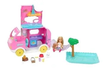 Barbie Chelsea Novo Camper 2 em 1 com Boneca e Pets