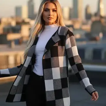 Casaco Xadrez Tricô Cardigan Inverno Manga Longa Feminino