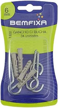 BemFixa 7222 Gancho 3.4 X 60 com Bucha de Naylon 06 mm, Pacote de 4, Prata