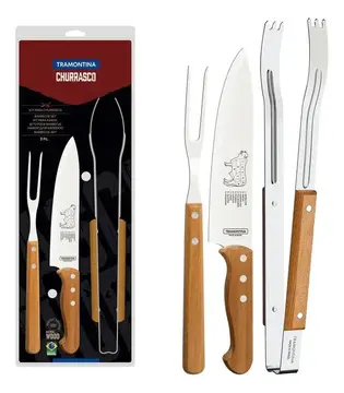 utilidades para churrasco tramontina jogo para churrasco 3 peças aço inox cabos de madeira natural