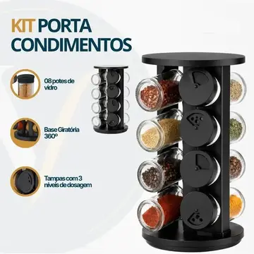 porta condimentos vitrex kit 8 potes vidro preto base giratória