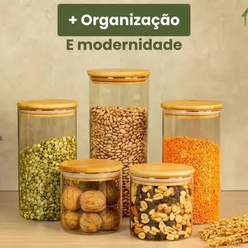 05x Vidro Hermético Transparente Tampa Bambu Porta Alimentos