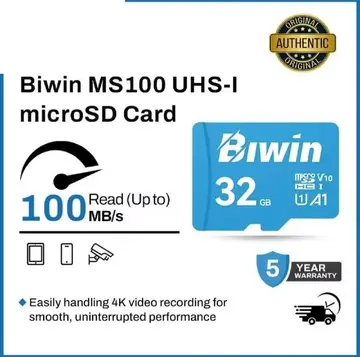 Cartão de Memória Micro Sdxc Biwin Ms100 Uhs-I A1 V30 U3 Classe 10 MicroSD com velocidade de até 100Mb/s