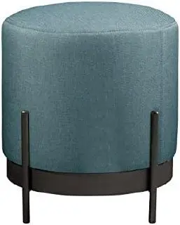 Puff Redondo Ágar em Linho e Base Metal Preto Agarb Decor Cor:Linho Azul