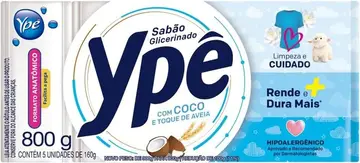 Ypê Sabão em Barra Glicerinado Coco e Toque de Aveia 800g - 5 Unidades de 160g