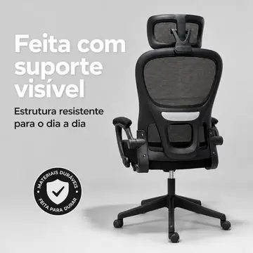 Cadeira de Escritório Presidente Ergonômica Preta Encosto Mesh Reclinável 135 Graus Cadeira Giratória com Apoio de Cabeça Braços