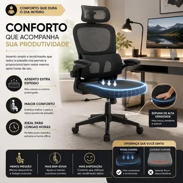 Cadeira de Escritório Preta Design Ergonômico com Suporte Lombar com Apoio de Cabeça