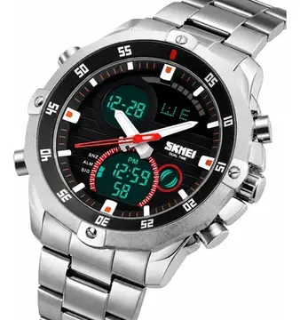 relógio skmei 1146 masculino aço inox prata fundo preto anadigi luz alarme 3atm