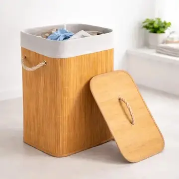 cesto/organizador pítia cesto de roupa suja em bambu 72l retangular dobravel com tampa e alça reforçada