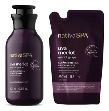 cosméticos nativa spa uva merlot loção corporal 400ml refil 35