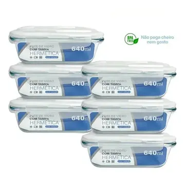 potes hermético vidro 640ml marmita fitness kit 6 com 4 travas