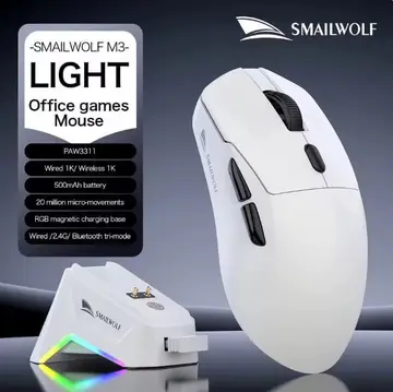 Mouse Smailwolf M3, Sensor Paw3311 Tri-Mode, 12000 Dpi, 1000Hz Branco