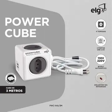 🔌 PowerCube ELG com 4 Tomadas + 2 USB e Cabo de 3m