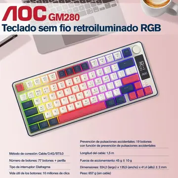 ⌨️ AOC GK280 Teclado 70% Sem Fio - Bluetooth Trimodo RGB LED