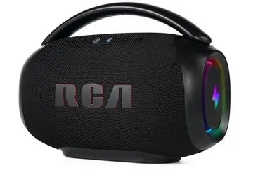 Caixa de Som Bluetooth RCA RS-FR213 Portátil 90W – Alto-Falante com Luzes LED Sincronizadas, Rádio FM/USB/AUX, Bateria 8h, Alça de Transport