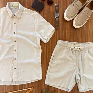 Conjunto Casual Linho Masculino Camisa Botão Bermuda Cordão P ao GG
