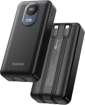 Basike Power Bank 20000mAh, Carregador Portátil, 2 Cabos Integrados Preto