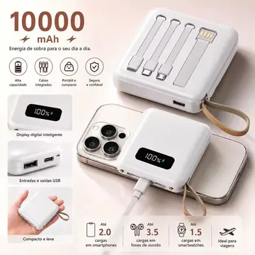 Power Bank 10.000mAh com 4 Cabos Integrados, Carregamento Rápido e Display LED Digital