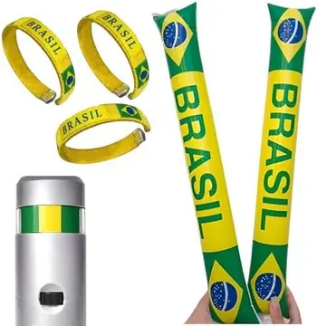 Kit Torcedor Brasil Copa do Mundo 2026, 2 Bastões Infláveis, 3 Pulseiras e 1 Bastão de Tinta, 6 Peças Acessorios para assistir o jogo da Cop