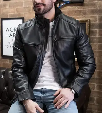 jaqueta de couro masculina slim forrada sem capuz