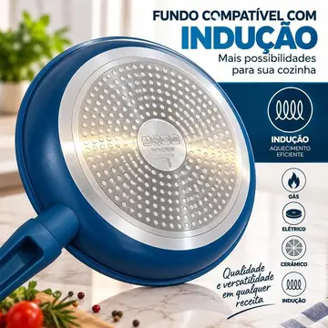 Frigideira Azul 24cm 1,5L com Revestimento Cerâmico Antiaderente, Cabo Soft Touch, Fundo para Indução, Gás, Elétrico e Cerâmico