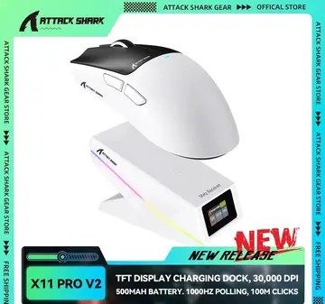 Mouse Gamer Sem Fio Attack Shark X11 Pro V2 com Tela Tft, Base de Carregamento, 30.000 Dpi, Bateria de 500mAh e Conexão Tri-Mode Paw3315