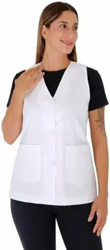 Jaleco Feminino Branco sem Manga, Gola V com Botões, Uniforme Profissional para Enfermagem, Estética, Professora e Laboratório