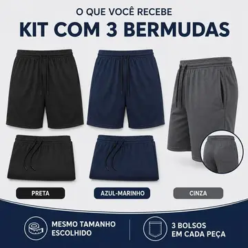Kit 3 Shorts Bermuda Masculina Tactel Com Elastano Academia