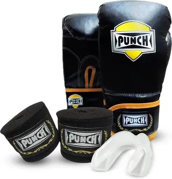 PUNCH Kit Luva Boxe, Muay Thai 14 oz + Bandagem Elástica Preta de 2,5 mts + Protetor Bucal Simples Transparente