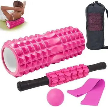 Erufale Kit Rolo Liberação Miofascial 5 em 1 Rosa | 5 acessórios: rolo, bastão, bola, mini band e sacola. Alta densidade. 32cm. Pós-treino, 