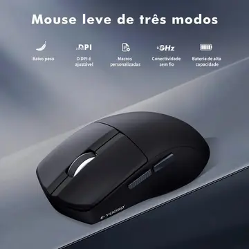 Mouse sem fio E-Yooso, Peso 50g, Bateria 400mAh, 1000Hz, com Software