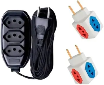 eletricidade extensão elétrica 3 metros 10a 127/220v cabo paralelo 2x0,75mm preta kit 2 adaptadores cubo 10a