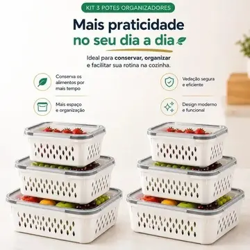 Conjunto Kit 6 Organizadores Geladeira Hermético Escorredor Cesto Frutas Alimentos Verduras Legumes Dasv Branco