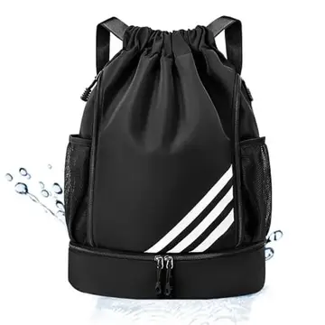 Mochila Esportiva com Cordão, Separação seca e húmida, Mochila de grande capacidade para viagens de lazer, Bolsos Laterais em Malha, Preto c